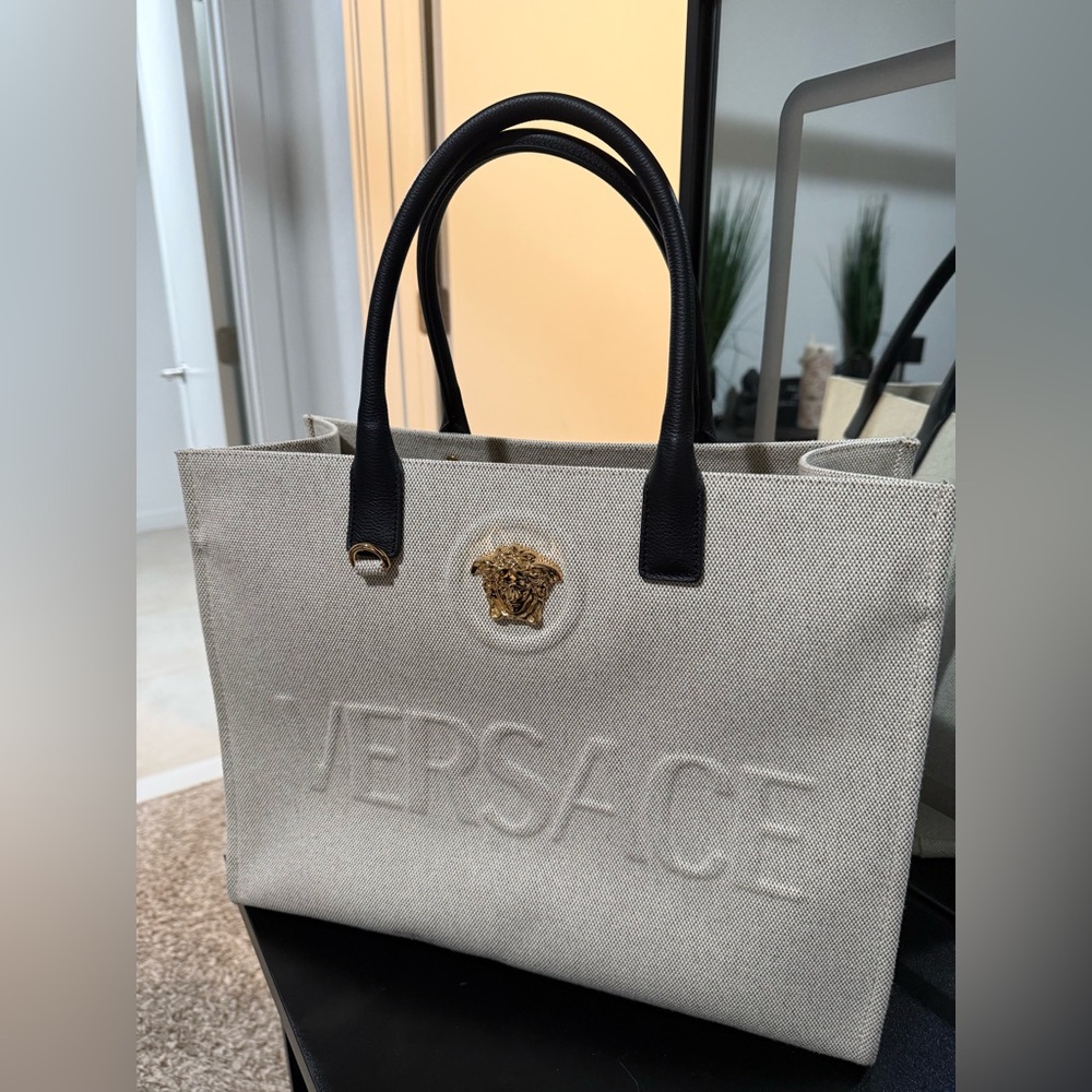 Versace Cream Tote with Black Handles and Gold Medusa